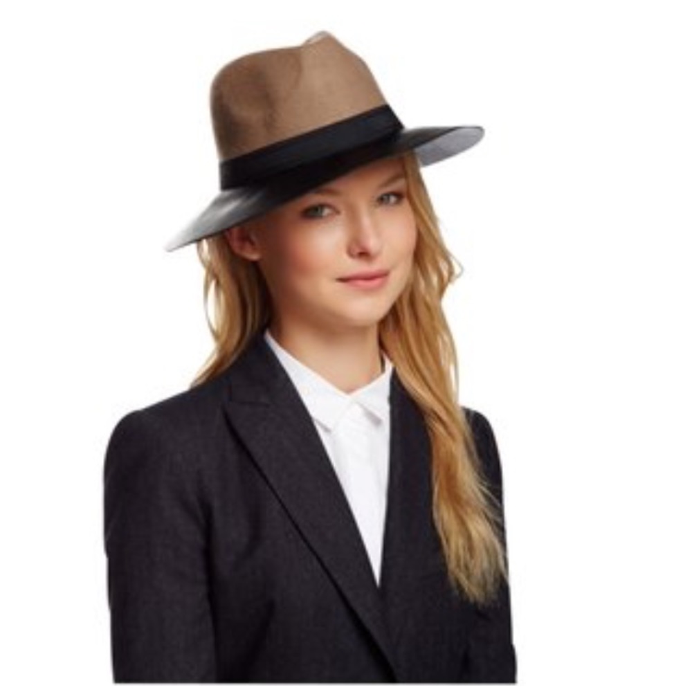 BCBG brown camel wool faux leather fedora!